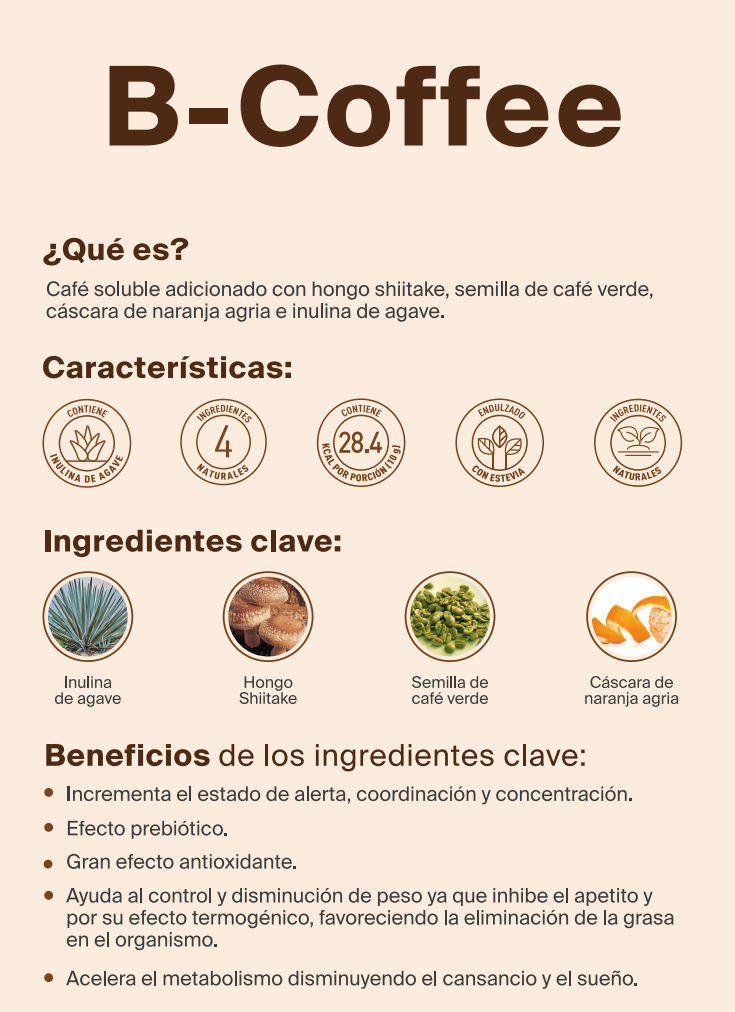 B-Coffee Americano con Semilla de Café Verde, Hongo Shiitake, Inulina de Agave y Naranja Agria