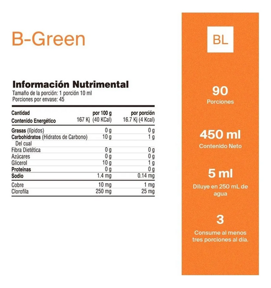 B-Green Clorofila Pura con aceites esenciales de hierbabuena, menta y limón 100% natural | 450ml