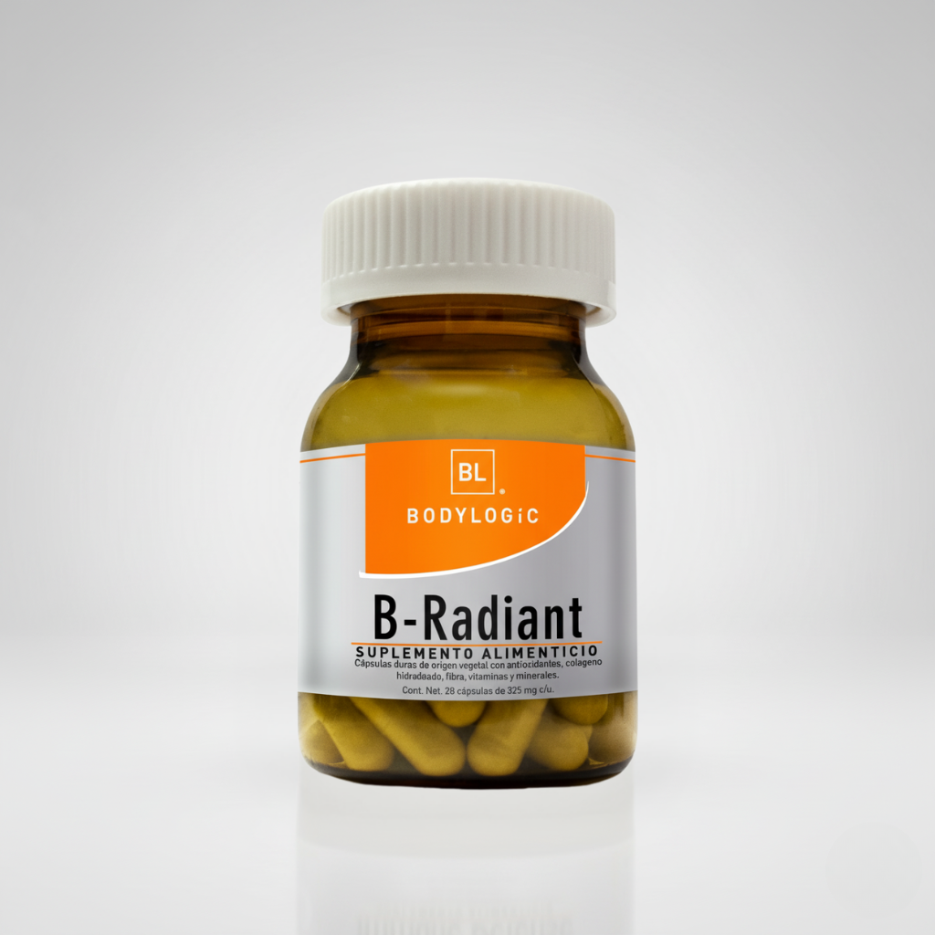 B-Radiant con ácido hialuronico, vitaminas, betacarotenos, colágeno hidrolizado y flavonoides.