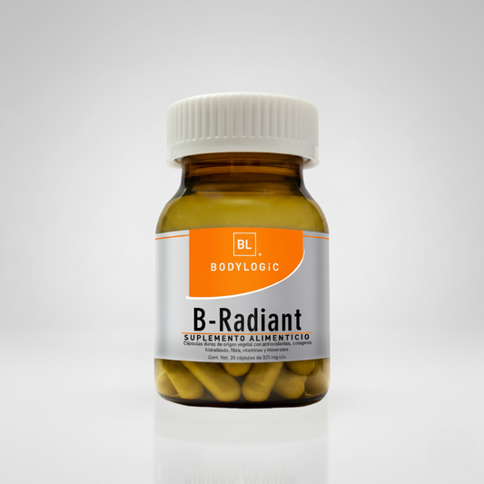 B-Radiant con ácido hialuronico, vitaminas, betacarotenos, colágeno hidrolizado y flavonoides.