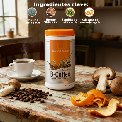 B-Coffee Capuchino con Semilla de Café Verde, Hongo Shiitake, Inulina de Agave y Naranja Agria