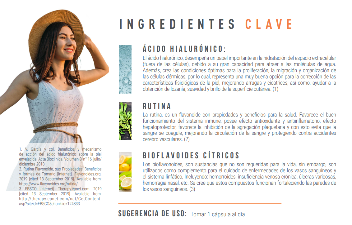 B-Radiant con ácido hialuronico, vitaminas, betacarotenos, colágeno hidrolizado y flavonoides.