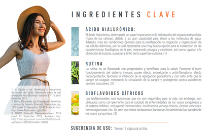 B-Radiant con ácido hialuronico, vitaminas, betacarotenos, colágeno hidrolizado y flavonoides.