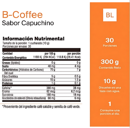 B-Coffee Capuchino con Semilla de Café Verde, Hongo Shiitake, Inulina de Agave y Naranja Agria