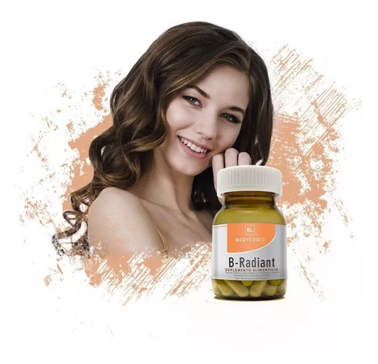 B-Radiant con ácido hialuronico, vitaminas, betacarotenos, colágeno hidrolizado y flavonoides.