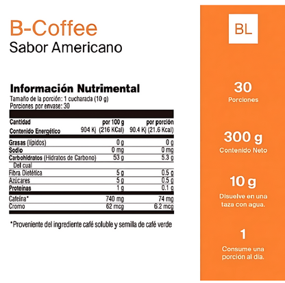 B-Coffee Americano con Semilla de Café Verde, Hongo Shiitake, Inulina de Agave y Naranja Agria