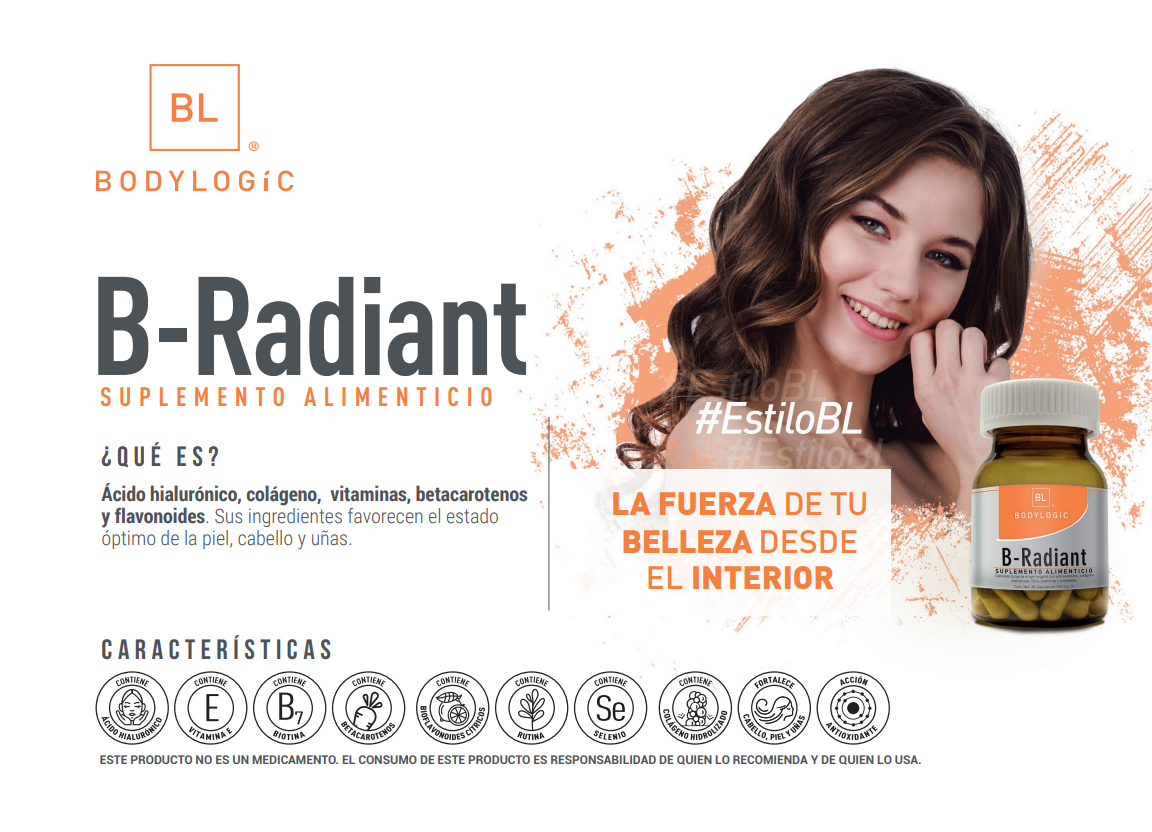 B-Radiant con ácido hialuronico, vitaminas, betacarotenos, colágeno hidrolizado y flavonoides.